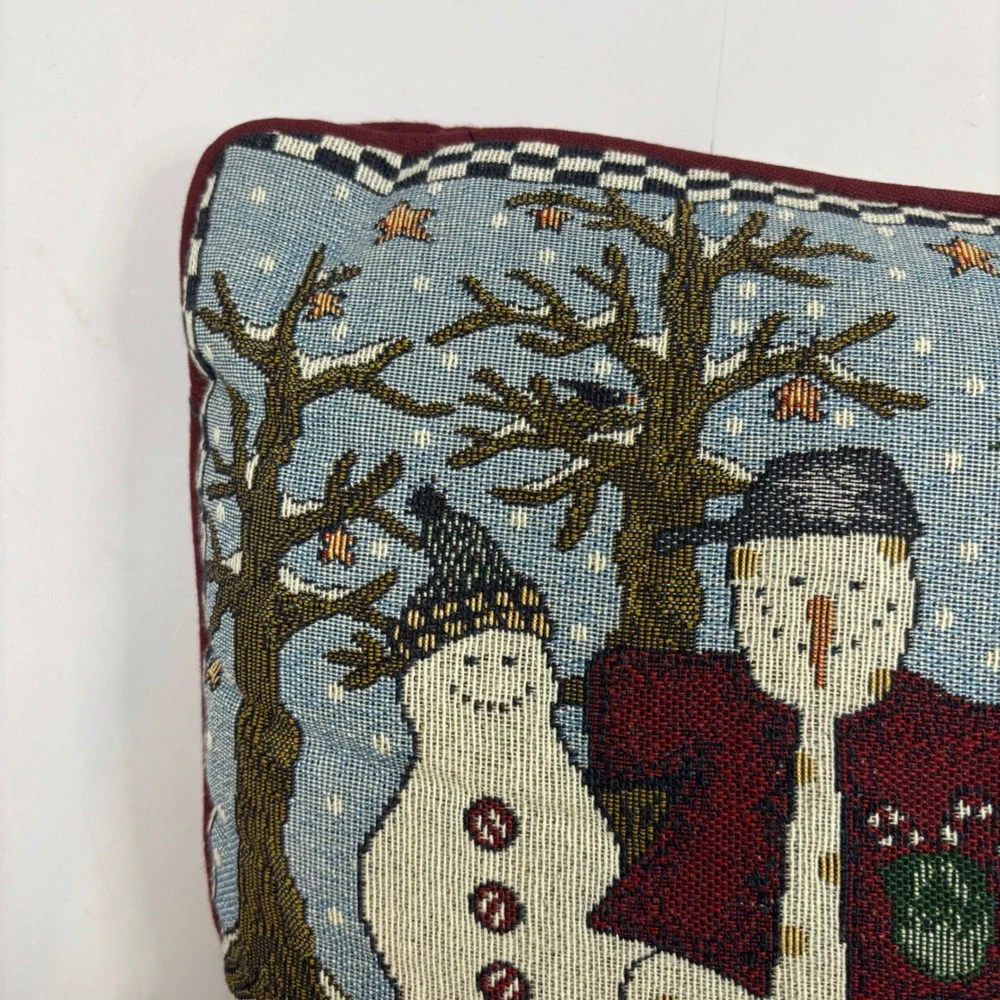 Vintage Woven Tapestry Snowman Winter Cottage Decorative Accent Pillow Burgundy